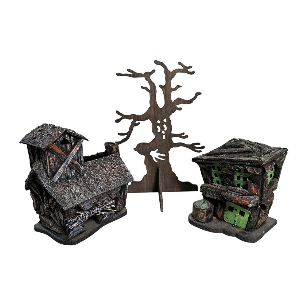 Creepy Halloween Houses + Haunted Tree Cutout - Handcrafted VTG Fall Party Decor